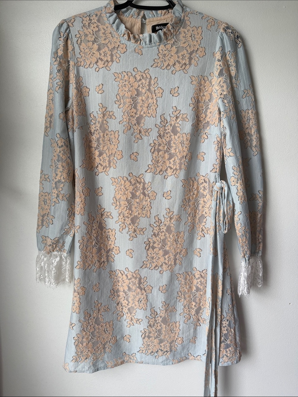 Allegra K Pale Blue & Beige Floral Lace Tie-Waist Chemise SZ Small